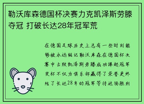 勒沃库森德国杯决赛力克凯泽斯劳滕夺冠 打破长达28年冠军荒